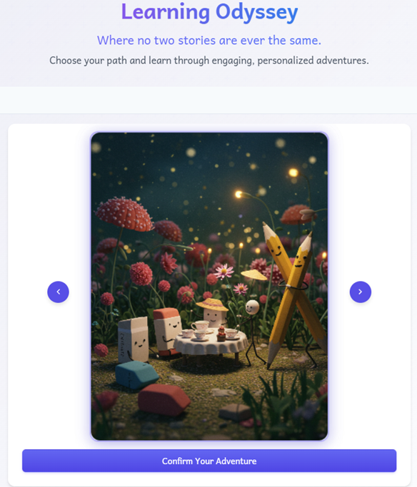 Magical forest scene with cute characters and mushrooms showing adventure selection interface