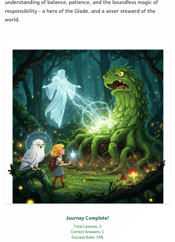Child character with owl companion facing a green dragon in a magical forest