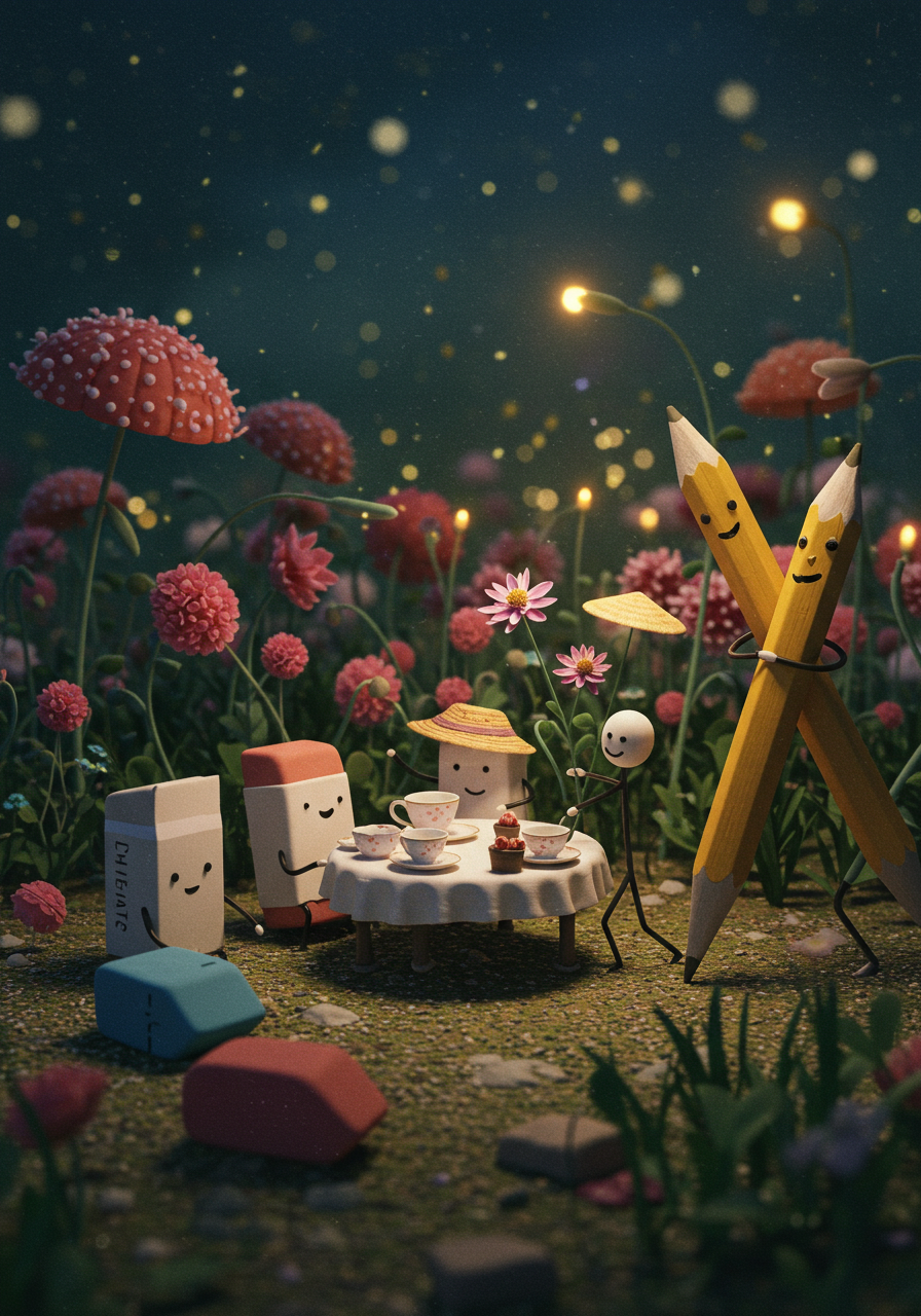 Friendly pencils and erasers having a tiny tea party in a moonlit garden