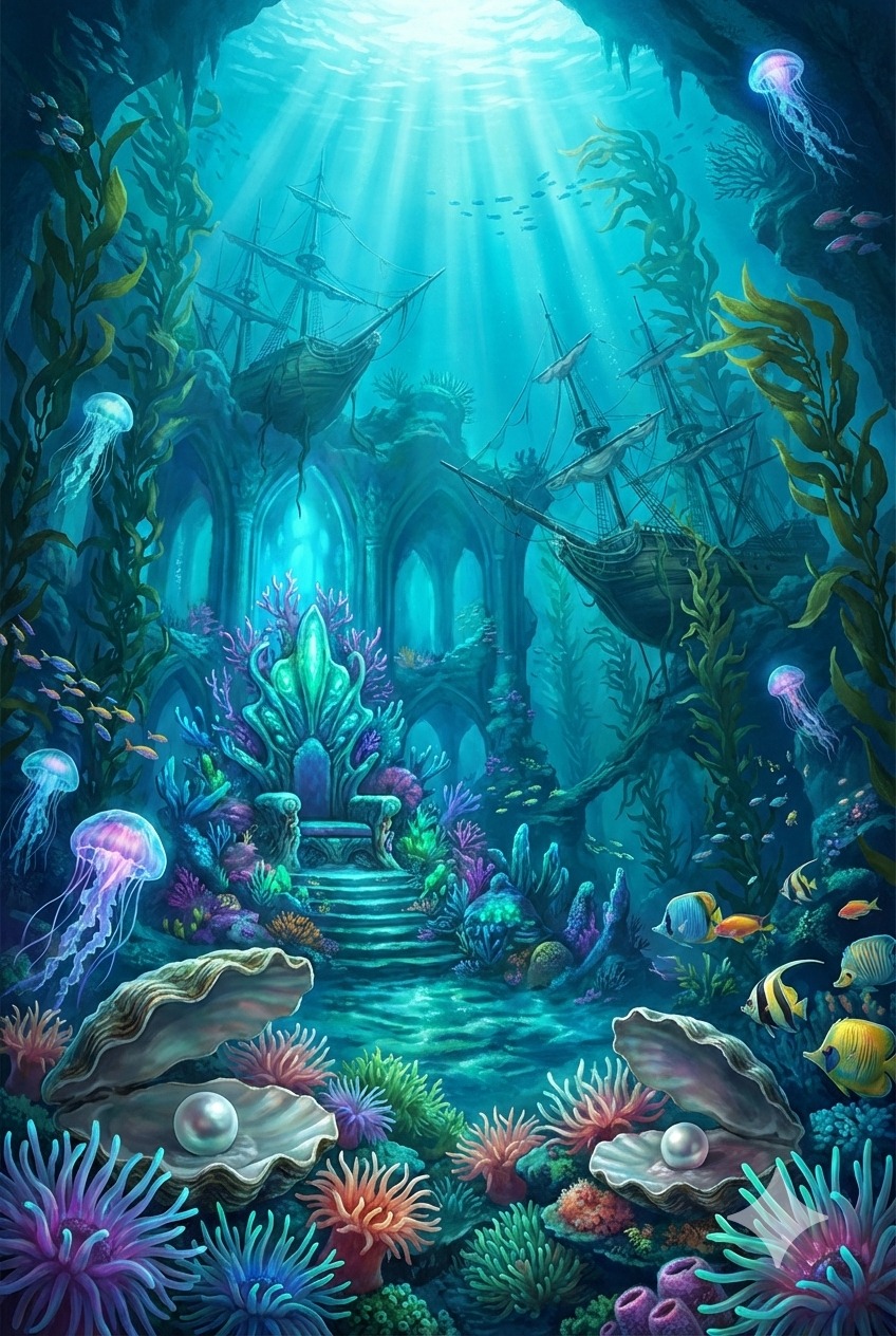 Glowing jellyfish and sunken ships around a turquoise underwater palace